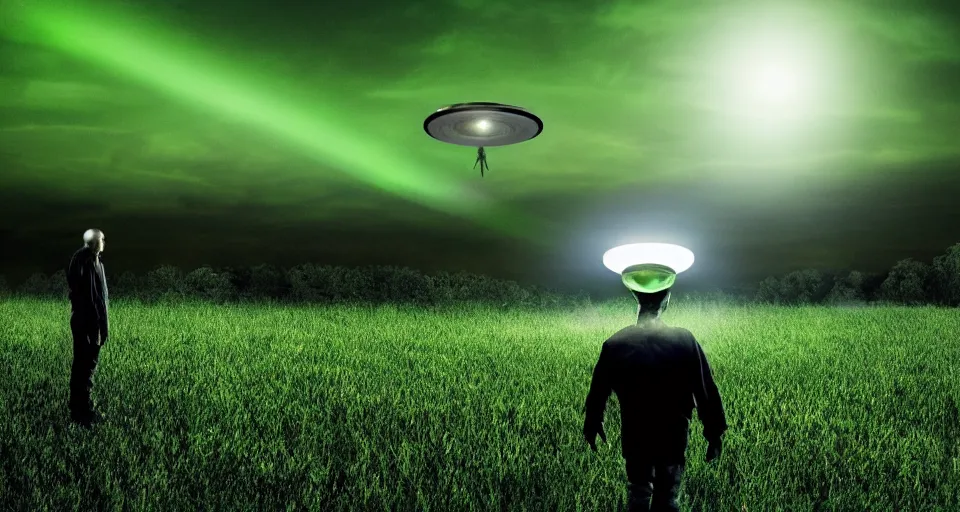 Image similar to Alien UFO abducting man in the middle of a field at night, atmospheric, illuminated by green tractor beam, cinematic landscape