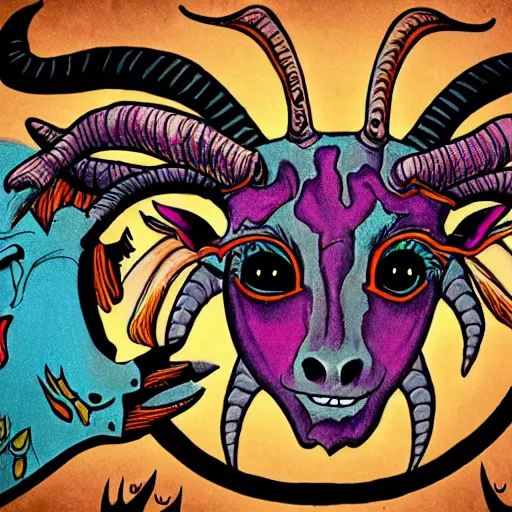 Prompt: a demon with the head of a goat, is looking at the camera, while holding a human head, whose eyes are still wide. symmetrical anatomy, very detailed design, complexity of the image, with pop punk style, colorful.