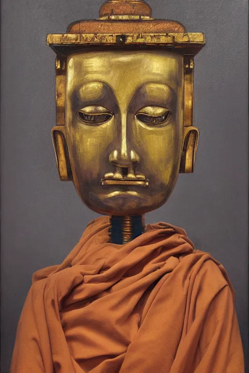 Prompt: realistic baroque oil portrait of a robot as a buddhist monk