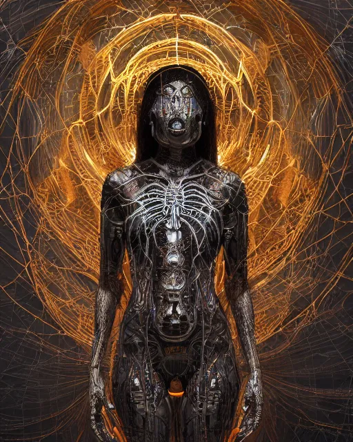 Prompt: timeless spiderwoman deity with circuitry skin and networked mind tripping on acid, intricate detail, royo, whealan, giger, klimt, hd, octane render, unreal engine,