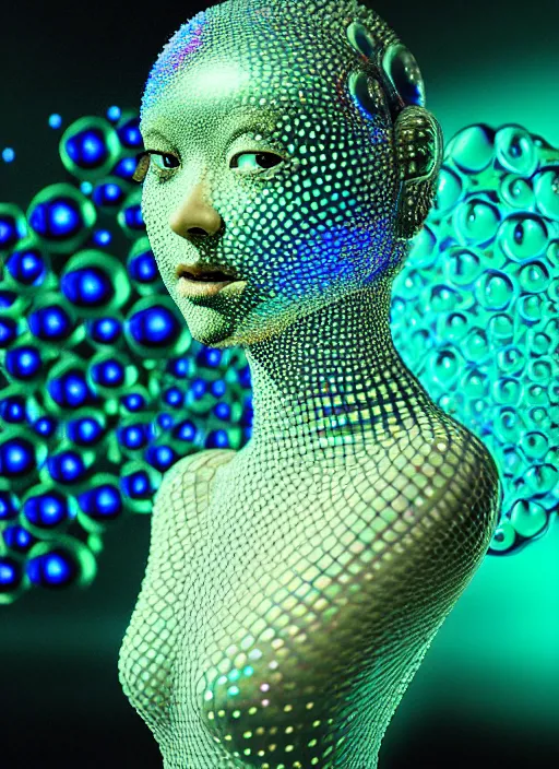 Image similar to 3 d goddess medium shot profile portrait. beautiful intricate highly detailed mask made entirely of bubbles and futuristic iridescent skin. dragonfly, 🪲, phosphorescence, water, reflections, creature, artwork by yayoi kusama, tooth wu and wlop and beeple and greg rutkowski, in the style of hudson river school,