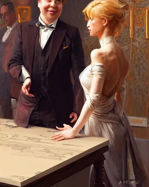 Prompt: Portrait of a  blonde lady and Michael mcintyre dancing on a table at Archer Street Soho,real life skin, intricate, elegant, highly detailed, artstation, concept art, smooth, sharp focus, art by artgerm and greg rutkowski and alphonse mucha