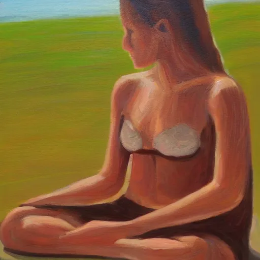 Prompt: freckled woman meditating on beach in caribbean, oil on canvas