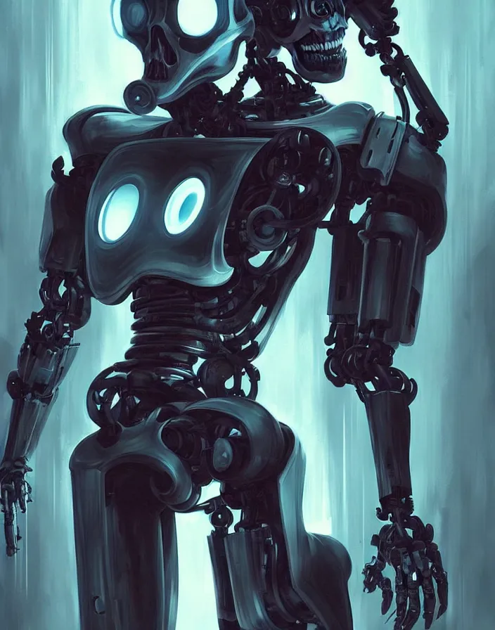 Image similar to skull - headed robot cyborg painting, illutstration, concept art, cyberpunk, futurism, comics art, artgerm, full body shot, wide angle