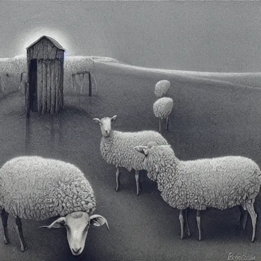 Prompt: sheeps in a farm after nuclear winter by zdzisław beksinski