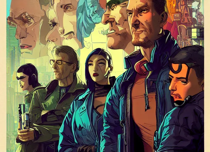 Image similar to cyberpunk heist crew. portrait by stonehouse and mœbius and will eisner and gil elvgren and pixar. character design. realistic proportions. dystopian. cyberpunk 2 0 7 7, apex, blade runner 2 0 4 9 concept art. cel shading. attractive face. thick lines. hi def 4 k. detailed scene.