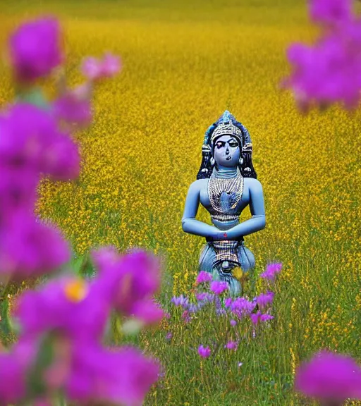 Image similar to hindu goddess standing looking at you at distance in beautiful meadow of flowers, film photo