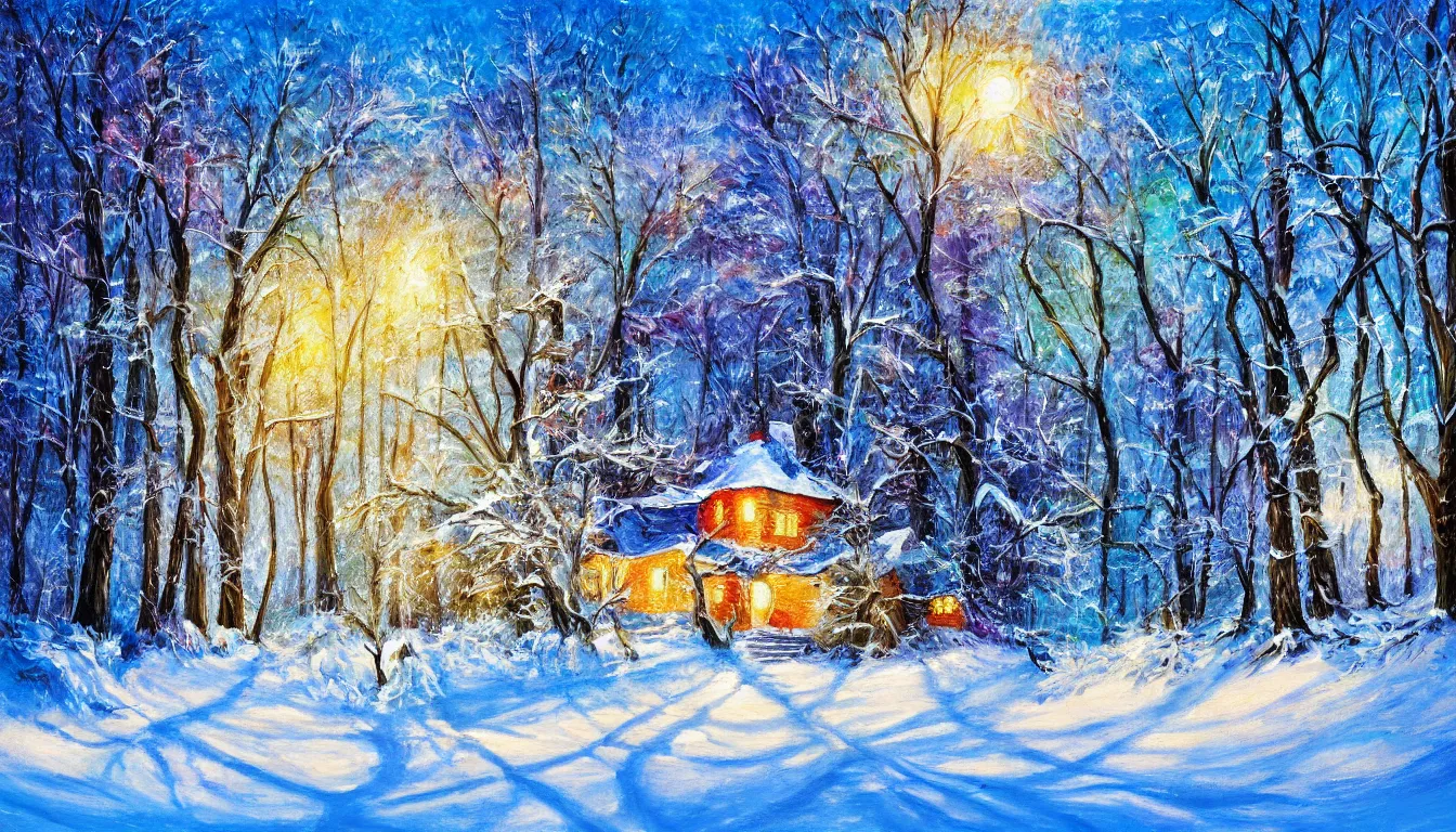 Image similar to ! dream painting of winter blizzard of house in the woods, sunny evening, artistic, brush, strokes, colourfull, very detailed, 4 k