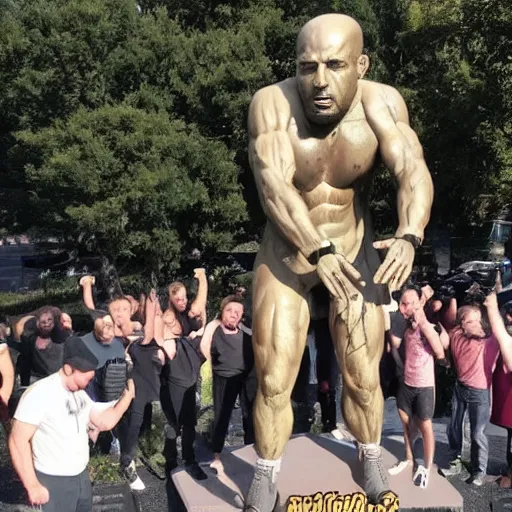 Image similar to group of human men worshipping giant statue of joe rogan in real life, 8 k, 4 k uhd, realistic, hyper realistic, super detailed, very detailed, detailed