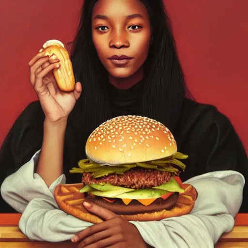 Image similar to portrait of Bill Cosby eating hamburger, extra onions and ketchup, luscious patty with sesame seeds, feminine ethereal, delicate fingers, subsurface scattering skin, handsome, D&D, fantasy, intricate, elegant, highly detailed, digital painting, artstation, concept art, matte, sharp focus, illustration, art by Artgerm and Greg Rutkowski and Alphonse Mucha