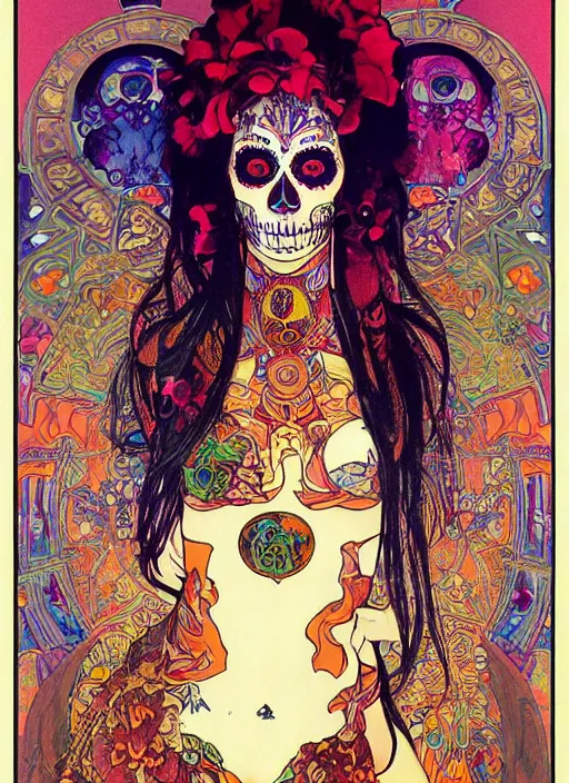 Image similar to psychedelic poster art of a cute punk goth fashion fractal Día de los Muertos tattooed girl posing in goth outfit by Victor Moscoso Rick Griffin Alphonse Mucha Gustav Klimt Ayami Kojima Amano Charlie Bowater, masterpiece