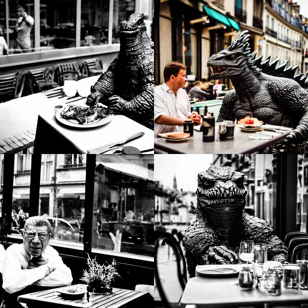 Prompt: godzilla is seated in a restaurant, at the terrace of a parisian cafe along with jean - paul sartre and talks with jean - paul sartre. award winning photography, 5 0 mm