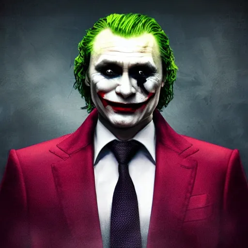 Image similar to Portrait of Vladimir Putin as the Joker DC comic, amazing splashscreen artwork, splash art, head slightly tilted, natural light, elegant, intricate, fantasy, atmospheric lighting, cinematic, matte painting