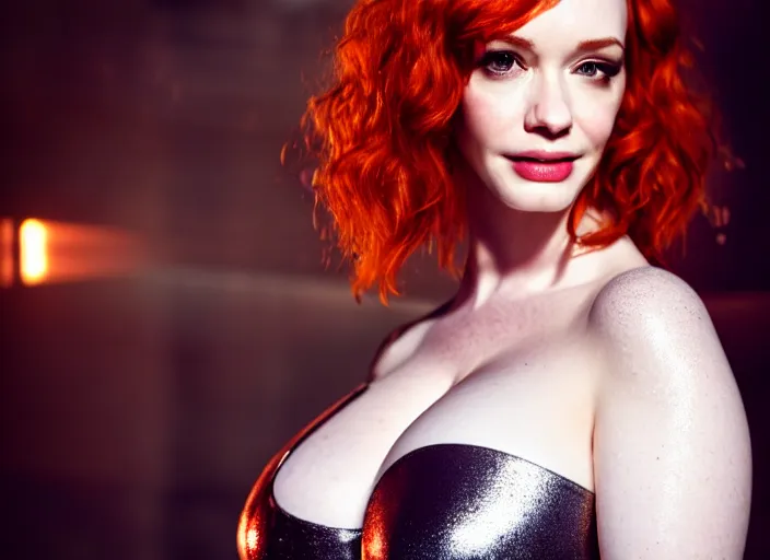 Image similar to portrait shot of christina hendricks in cyberpunk clothed, shiny skin, wet, oily, intricate, elegant, highly detailed, centered, zeiss lens, canon eos, cinematic lighting, photography, film still