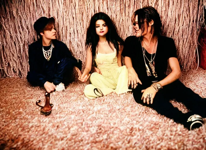 Prompt: Selena Gomez and Young Johnny Depp eating mushrooms and tripping in a shag carpet house, photograph by Annie Leibovitz