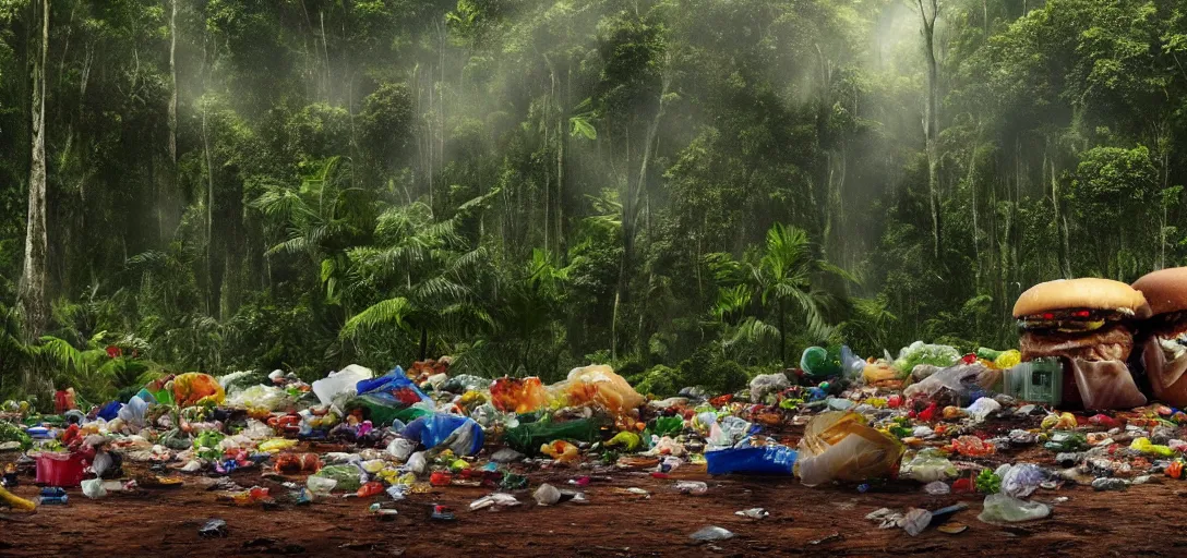 Image similar to a very high resolution image from a new movie. amazon forest landscape, garbage plastic, fast food,. photorealistic, photography, directed by anthony russo