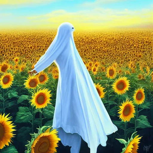 Image similar to Bedsheet Ghost in a field of sunflowers, sunset, highly detailed, digital painting, artstation, concept art, smooth, sharp focus, illustration, art by artgerm