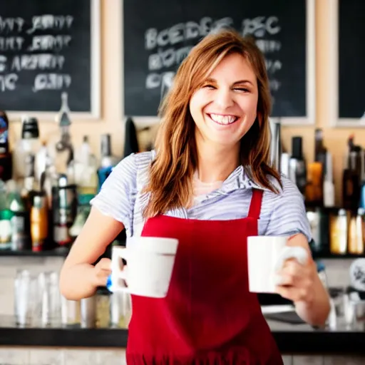 Prompt: smiling kind zombie drinking coffee behind the bar