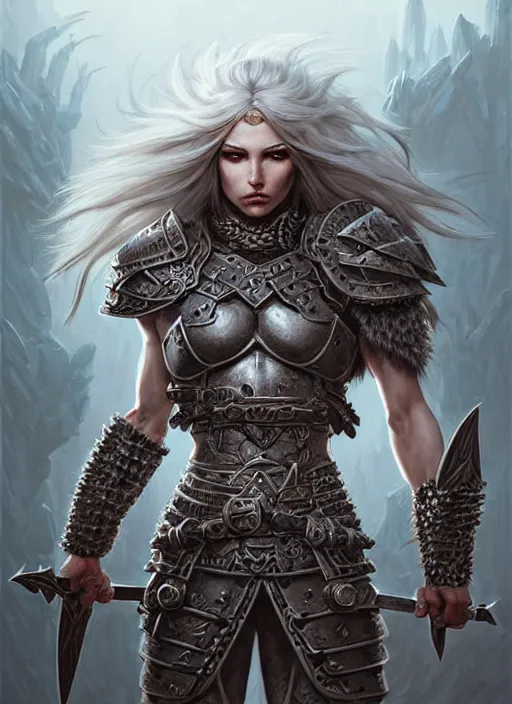 Image similar to barbarian, plated armor!!! long wild white hair!! covered chest!!! fantasy, d & d, intricate ornate details, digital painting, pretty face!!, symmetry, concept art, sharp focus, illustration, art by artgerm! greg rutkowski magali villeneuve wlop! ilya kuvshinov!!, octane render