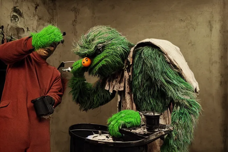 Image similar to A film photograph Oscar The Grouch trepanning himself, photorealistic imagery, 8k quality