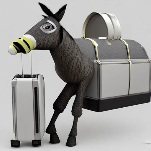 Prompt: donkey wearing sunglasses standing next to a travel suitcase, digital art, 3D, amazing detail, artstation