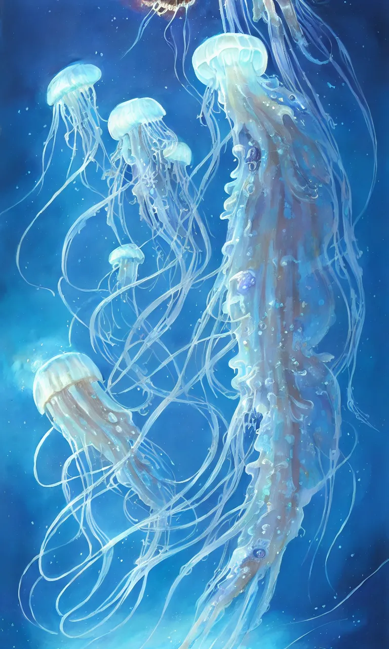 Image similar to detailed jellyfish in space, blue tones, underwater, full frame, highly detailed, digital painting, artstation, concept art, smooth, sharp focus, illustration, art greg rutkowski and alphonse mucha