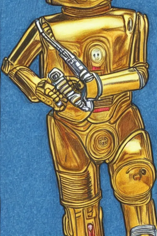 Image similar to c 3 po as drawn by a 5 - year old child, crayon