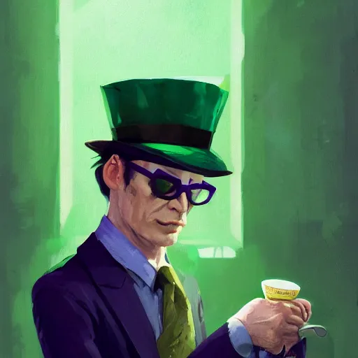 Prompt: man, Wearing green suit, Wearing green tophat, wearing purple undershirt, wearing shades, drinking tea, by Viktor Antonov,, greg rutkowski, fantasy, D&D, trending on artstation, smooth, sharp focus