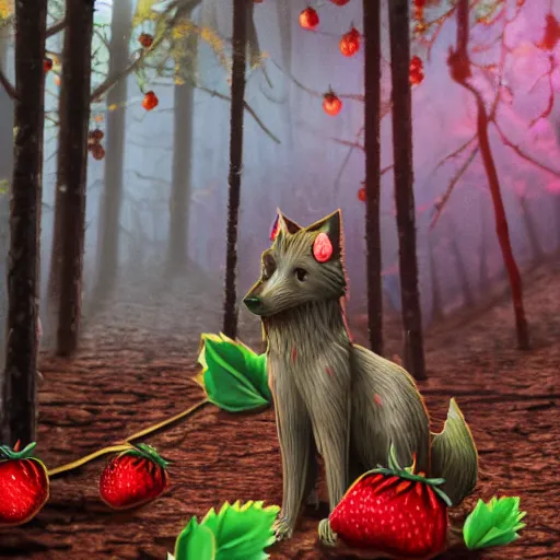 Prompt: a strawberry wolf roaming through the woods of a chocolate tree forest, photorealistic, cinematic