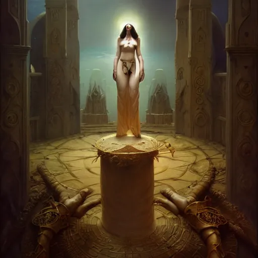 Image similar to the priestess of blasphemous god, studio light, photoreal, by jaime jones, tom bagshaw, lawrence alma - tadema, greg rutkowski, deviantart contest winner, fantasy art, daz 3 d, intricate, elegant, highly detailed, 8 k, digital painting, concept art, sharp focus, illustration, golden ratio, cosmic horror