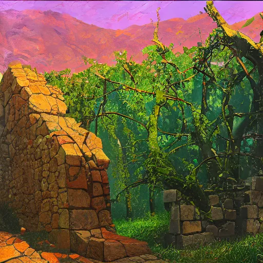 Prompt: colorful marc simonetti impasto!! acrylic painting of the granite gateway of a forgotten civilization. vines and creepers, stone etchings