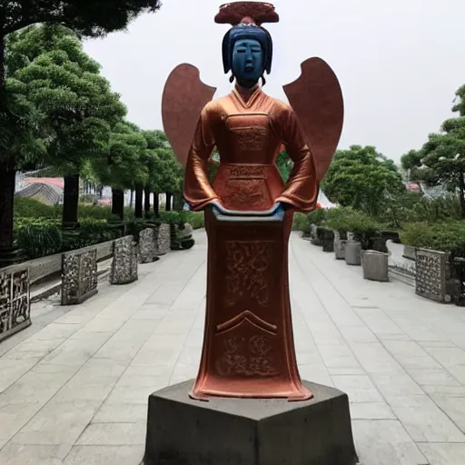 Image similar to photo of the statue of harmony as an asian in china, copper cladding