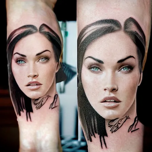 Image similar to realism tattoo sketch of double exposure megan fox against a background of beautiful mountain scenery, in the style of andrey lukovnikov