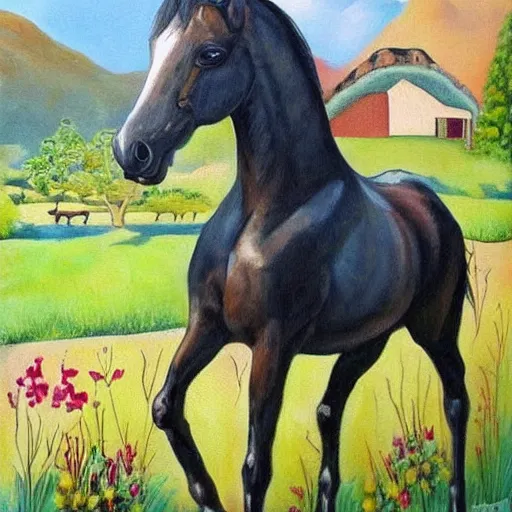 Image similar to A very beautiful painting of a horse next to a cottage