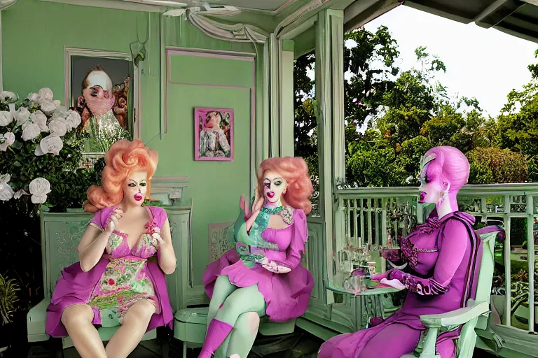 Image similar to Angelyne and martina bigg share stories on the veranda, painted by mark ryden