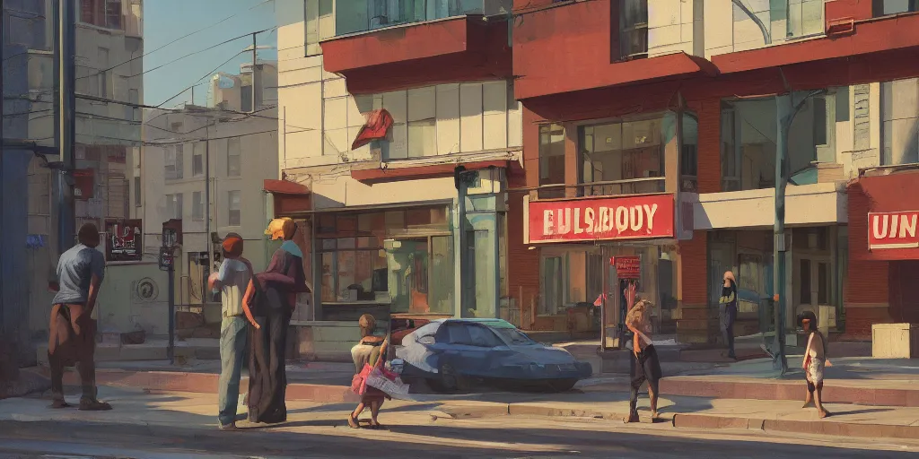 Image similar to empty residential building with owned by bank sign and homeless family outside on a street in a cardboard on curb in a city by Craig Mullins, ilya kuvshinov, krenz cushart, artgerm trending on artstation by Edward Hopper and Dan Mumford and WLOP and Rutkovsky, Unreal Engine 5, Lumen, Nanite