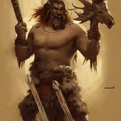 Prompt: barbarian with moose head and wooden leg by greg rutkowski