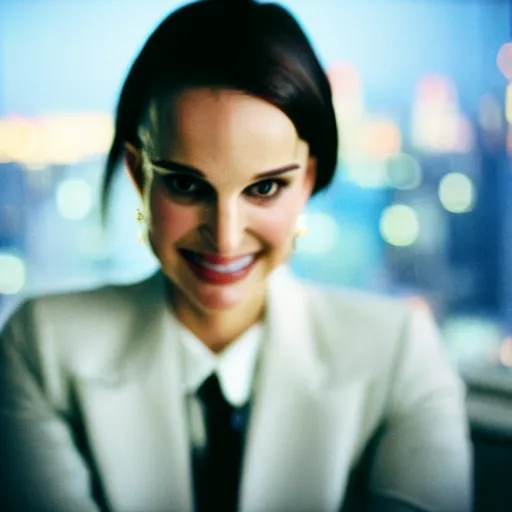 Prompt: a portrait photograph of a smug woman as natalie portman executive in a business dress in a board room with vampire fangs, black hair, low light, highly detailed, night skyline outside window in background, 4 k, cinestill 8 0 0 t, exif, photography by andreas franke