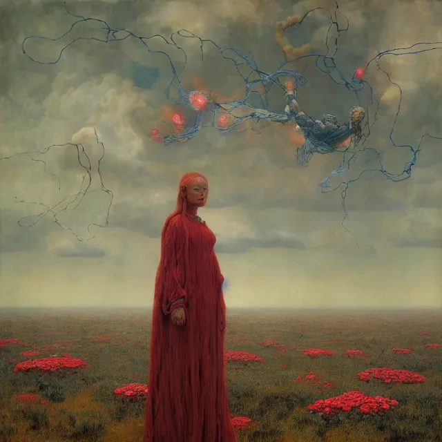 Prompt: A woman wearing clothes made out of thunder clouds and flowers, people floating in the sky, apocalypse, red skin, Masterpiece, glowing, wires everywhere, by Edgar Maxence and Ross Tran, Zdzisław Beksiński, and Michael Whelan, distant, gustav dore, H.R. Giger, 8k, octane render