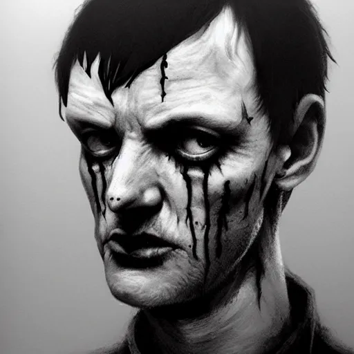 Image similar to slim ian curtis of joy division as a zombie, 7 days to die zombie, gritty background, fine art, award winning, intricate, elegant, sharp focus, cinematic lighting, digital painting, 8 k concept art, art by michael hussar, art by brom, art by guweiz and z. w. gu, 8 k