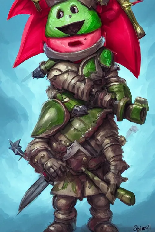 Image similar to cute anthropomorphic watermelon knight wearing a cape and a crown and holding a sniper, tiny, small, miniature bear, baby animal, short, pale blue armor, cute and adorable, pretty, beautiful, DnD character art portrait, matte fantasy painting, DeviantArt Artstation, by Jason Felix by Steve Argyle by Tyler Jacobson by Peter Mohrbacher, cinematic lighting