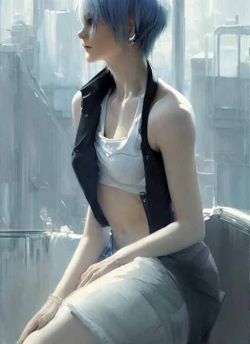 Image similar to a beautiful white haired girl sitting on a window wearing a crop top, official art, gorgeous detailed face, cyberpunk, anime style, by jeremy lipking, by charlie bowater, cgsociety, realistic expressive oil painting, digital art