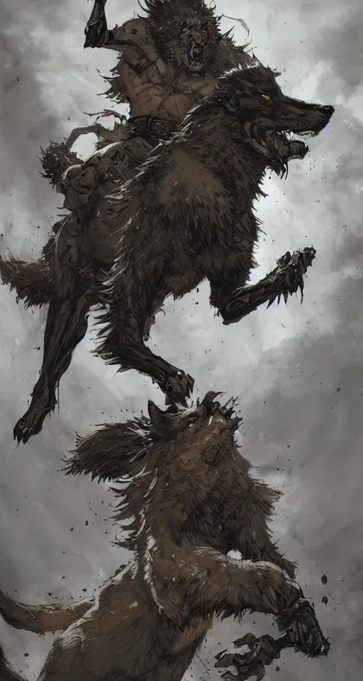 Image similar to king of the wolves. By Travis Charest, James Gurney, and Ashley Wood. dramatic lighting. Magic the gathering. digital painting.