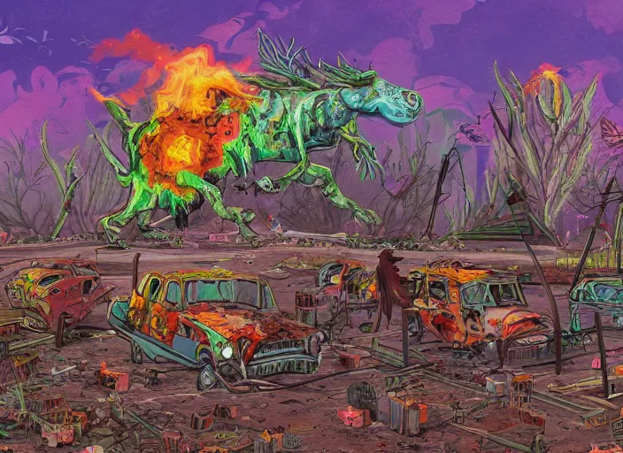 Image similar to a bad psychedelic trip, cows falling onto pits of fire, crows perched on a barbed wire fence, smog and abandoned vehicles litter the streets, zombified creatures walk the earth, digital painting masterpiece, trending on artstation and pixiv