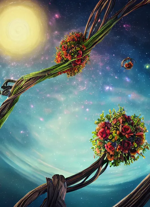 Prompt: An epic fantastic realism comic book style painting of the most beautiful entwined flowers launched across the dark and starry night sky, nebulous bouquets, fisheye lens, unreal 5, DAZ, hyperrealistic, octane render, dynamic lighting