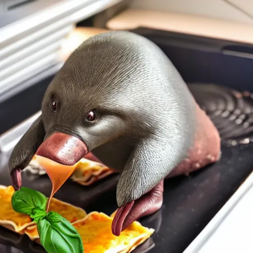 Prompt: platypus wearing a chef hat while putting a lasagna in an oven, with three basil leaves over the lasagna