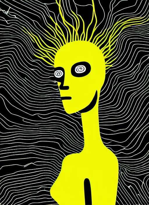 Image similar to highly detailed closeup portrait of wasteland long glowing yellow and white plasma hair tribal lady, stray electric spark wiring by jean jullien, 4 k resolution, gradient yellow, black and white color scheme!!! ( ( lightning robotic city background ) )