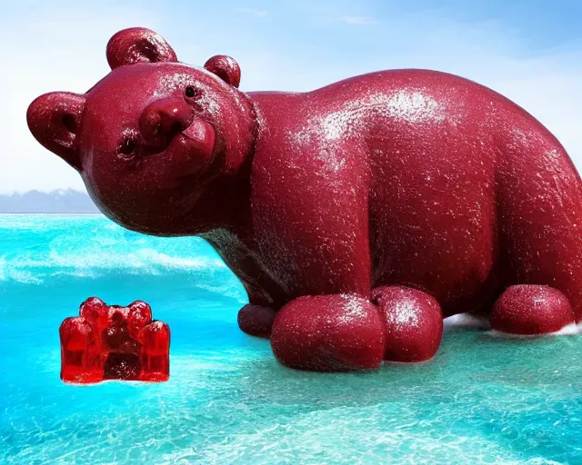 Image similar to a giant sculpture of a giant gummy bear on the ocean water, award winning, hyper - realistic, very detailed, realistic water, water splashes, ray tracing, 8 k resolution, long - shot, sharp focus, low angle, 8 5 mm photograph, wide lens