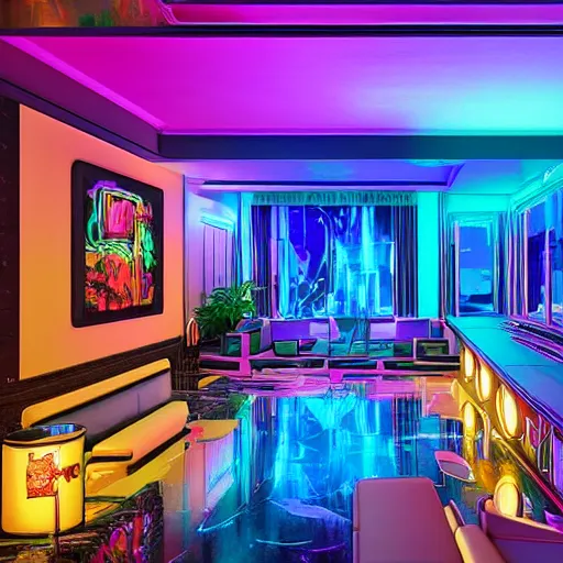 Prompt: vibrant art - deco mansion with a cyberpunk backdrop