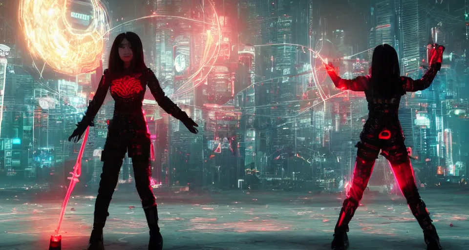 Image similar to a very hot scarlet asian necromancer in cyberpunk-plate-armor, Ultra-HD, doing a summoning futuristic ritual with giant holograms floathing in the air around her, Volumetric Lighting, Screen Space Global Illumination, Opaque, Optics, Lumen Reflections, VFX, insanely detailed and intricate, hypermaximalist, elegant, ornate, hyper realistic, super detailed, full body, octane render, unreal engine